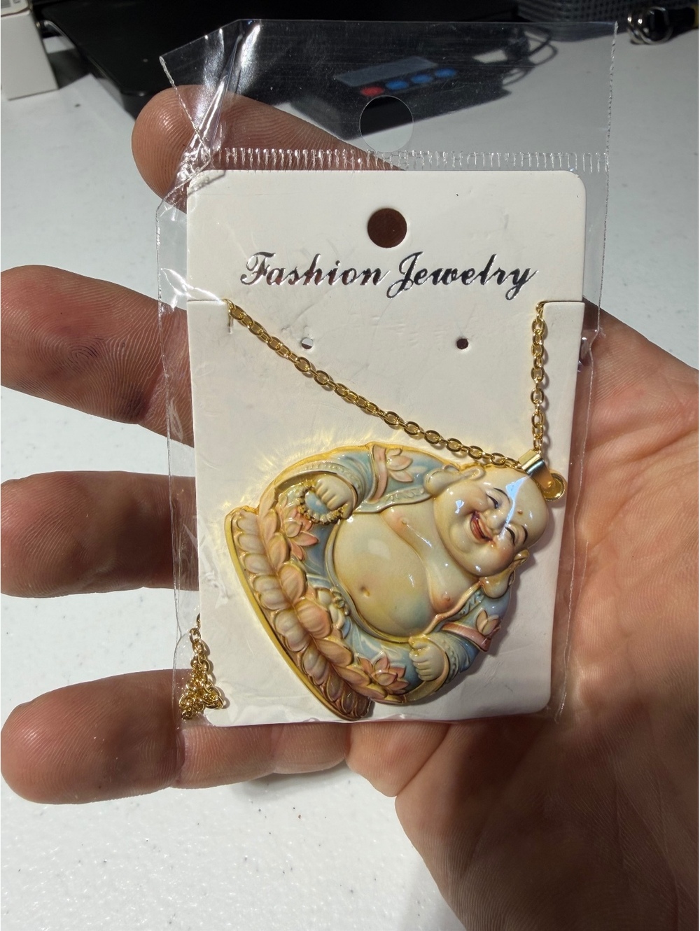 Gold Tone Laughing Buddha Pendant Necklace